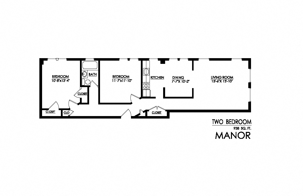 Floor plan for 2 beds, 1 bath, 863 sqft